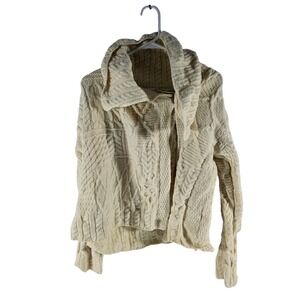 Aran Woollen Mills Merino Wool Cable Knit Asymmetrical Cardigan Sweater Cream